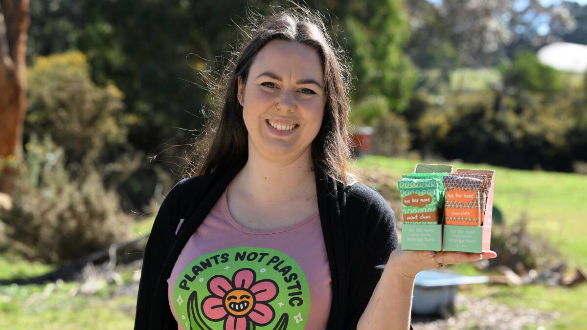 Ballarat's We Bar None founder Ellen Burns with her energy bars in 100 per cent compostable packaging. Picture by Lachlan Bence Ballarat's We Bar None founder Ellen Burns with her energy bars in 100 per cent compostable packaging. Picture by Lachlan Bence
