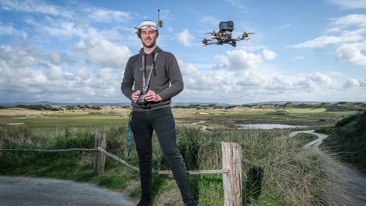 Jeffrey Darby-Norris, 20, with the drone he uses for his video and image business based in Scottsdale, Tasmania. Picture by Craig George