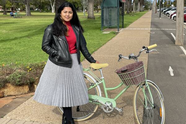 Bageshri Savyasachi, 25, a journalist at the Daily Liberal in Dubbo, does not have a car or a driver's licence but gets around her regional NSW town on a bike and on foot. Picture: Tom Barber