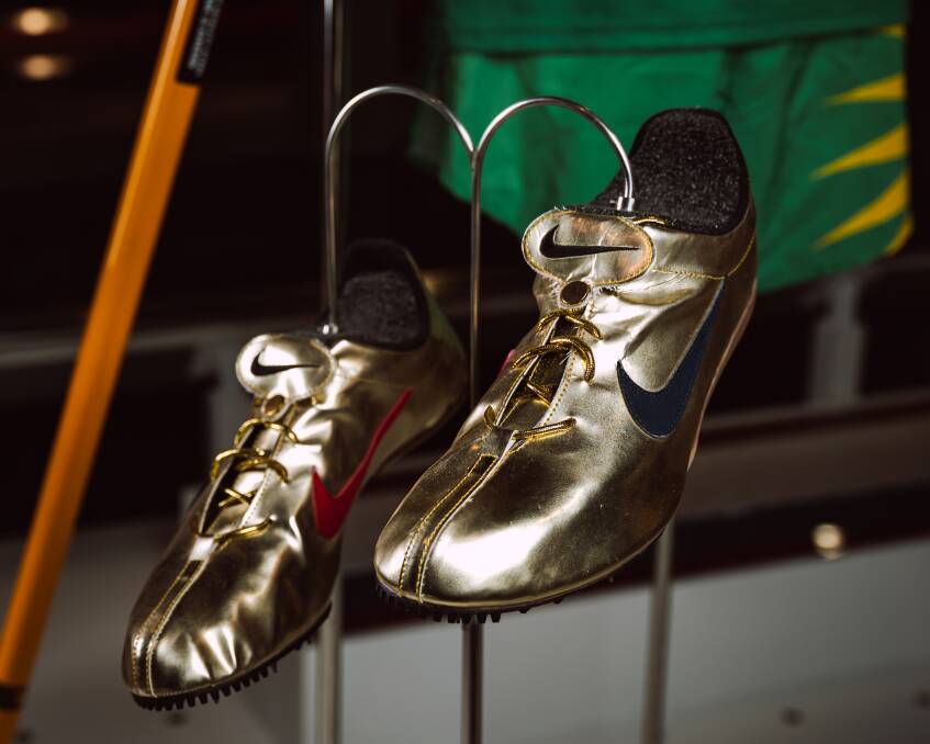 Michael Johnson's golden shoes at the Olympic Museum. Michael Johnson's golden shoes at the Olympic Museum.