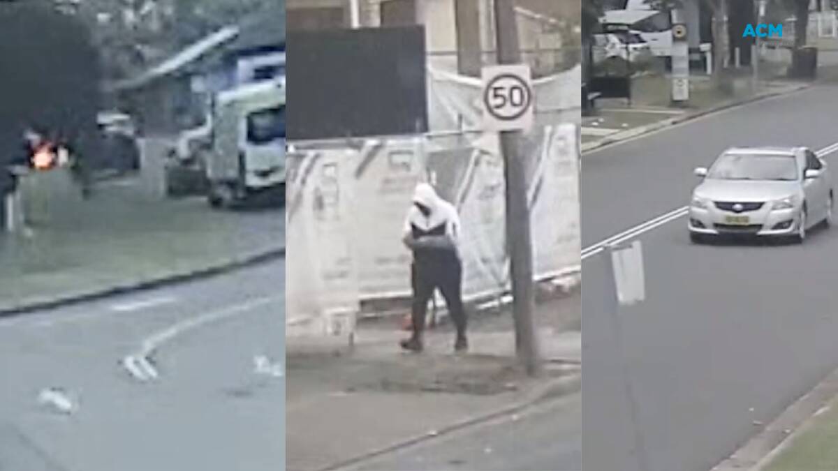 A still from footage of the Mini Cooper set alight (left) a man who police wish to identify (centre), a Toyota Aurion allegedly used as a getaway vehicle (right). Pictures via NSW Police