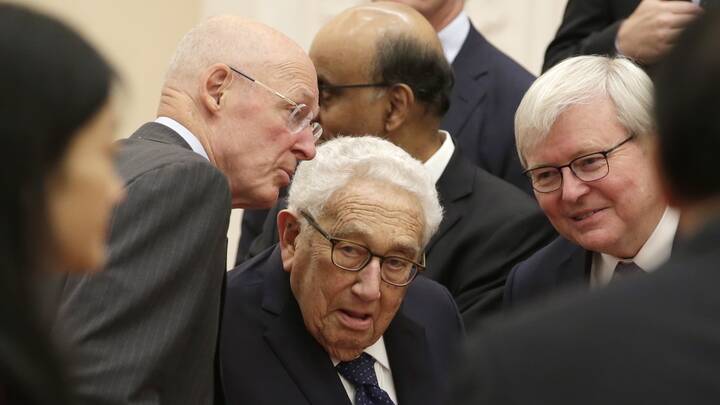 Former US Treasury Secretary Henry Paulson (L), former US Secretary of State Henry Kissinger (C) and former Australian Prime Minister Kevin Rudd (R), chat before a meeting with Chinese President Xi Jinping in Beijing, China on November 22 2019. Picture via EPA/Jason Lee/Pool