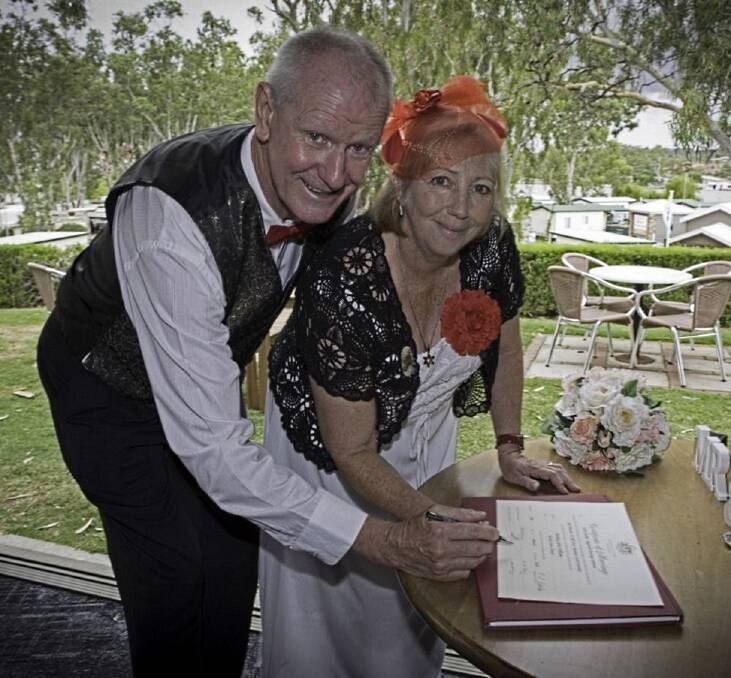 IT'S OFFICIAL: Tony Williams and Debra Clewer at their January 12 wedding. They honeymooned on a Murray River cruise.  Picture: Dave Hartley