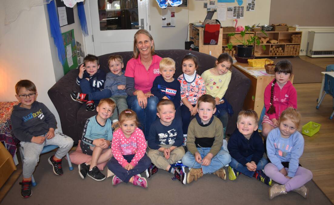 Juliet Meares surrounded by her class at Cootamundra Preschool. Picture: Jody Potts