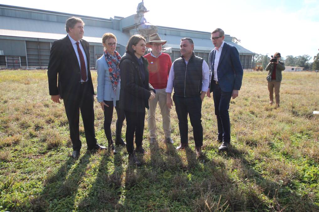 DROUGHT FOCUS: Premier Gladys Berejiklian with Cootamundra MP Steph Cooke, agriculture minister Adam Marshall, deputy premier John Barilaro and treasurer Dominic Perrottet in Coolamon on Tuesday. Picture: Emma Horn