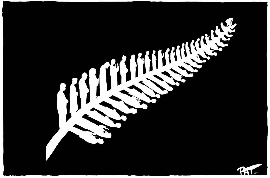Pat Campbell''s moving cartoon depicting 50 Muslims in various stages of prayer, representing the 50 victims of the Christchurch massacre.