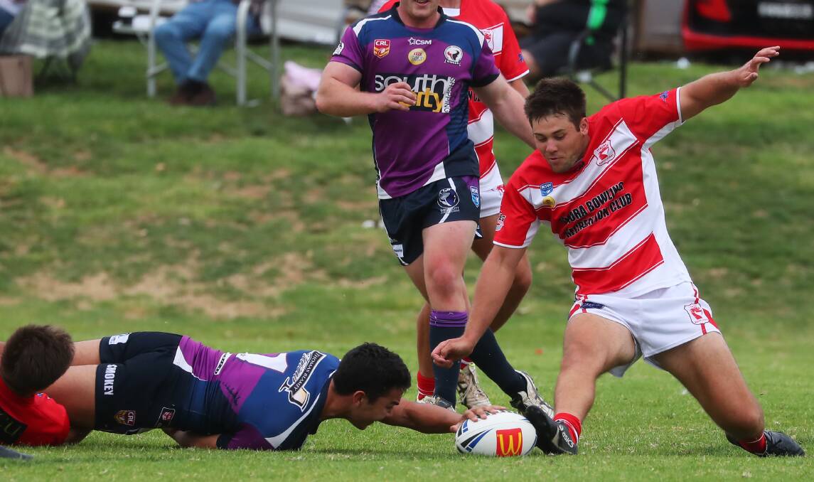 New recruit Nick Trevaskis, pictured trying to stop a try in the pre-season nines, will line up in the centre for Temora's clash with Gundagai on Saturday.