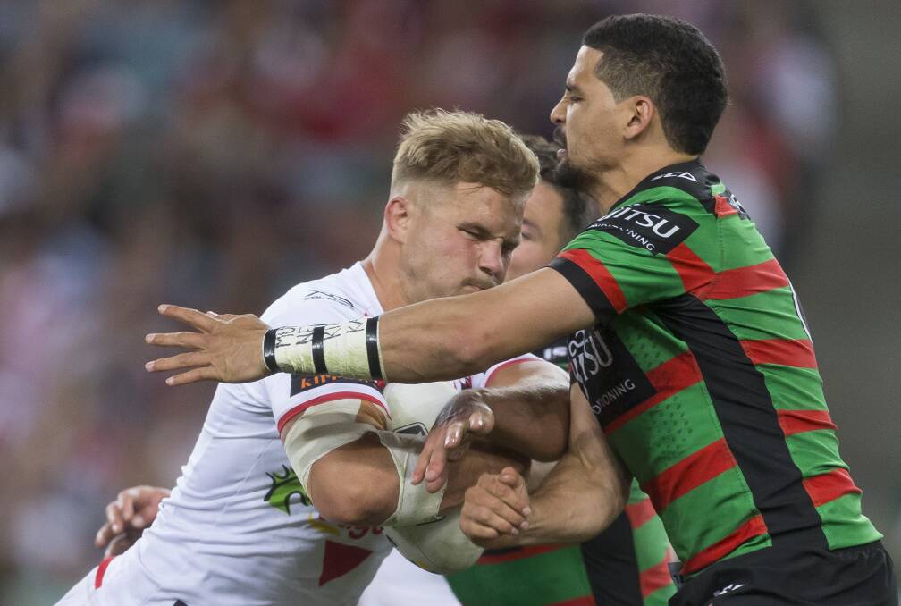 CHARGING AHEAD: Cootamundra junior Jack de Belin charges into the South Sydney defence during St George Illawarra's heartbreaking finals loss on Saturday.