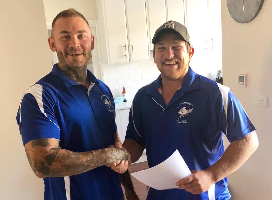 COMING ON BOARD: Former Young captain-coach James Woolford is welcomed by new co-coach Chris Maher after signing with Cootamundra.