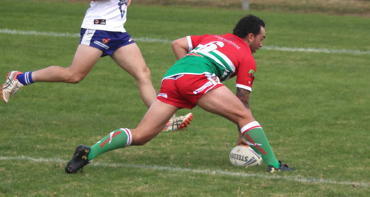 TRY TIME: Dylan McLachlan scored a hat-trick as Brothers brought up their first win with a 46-point thrashing of Cootamundra at Equex Centre on Sunday. Picture: Les Smith