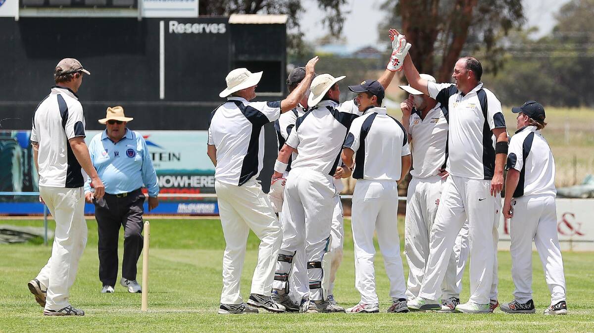 SWEET SUCCESS: Cootamundra celebrate after another Temora wicket falls in their O'Farrell Cup challenge at Nixon Park on Sunday. Picture: Kieren L Tilly