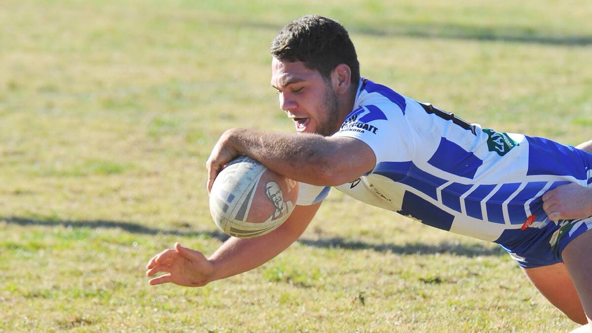 Andre Iro goes over for a try for Cootamundra in 2014.