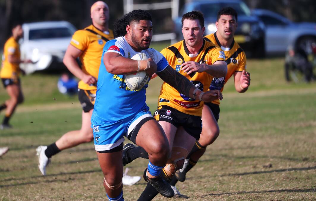 CHARGING AHEAD: Ron Leapai tries to split the Gundagai defence as Tumut proved far too strong for the Tigers at Laurie Daley Oval on Sunday. Picture: Emma Hillier