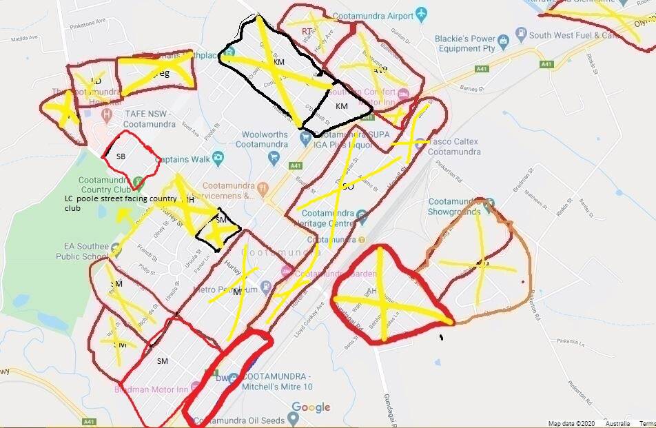 A map showing the areas covered by Cootamundra United coordinators. The yellow crosses show where they have delivered flyers already.