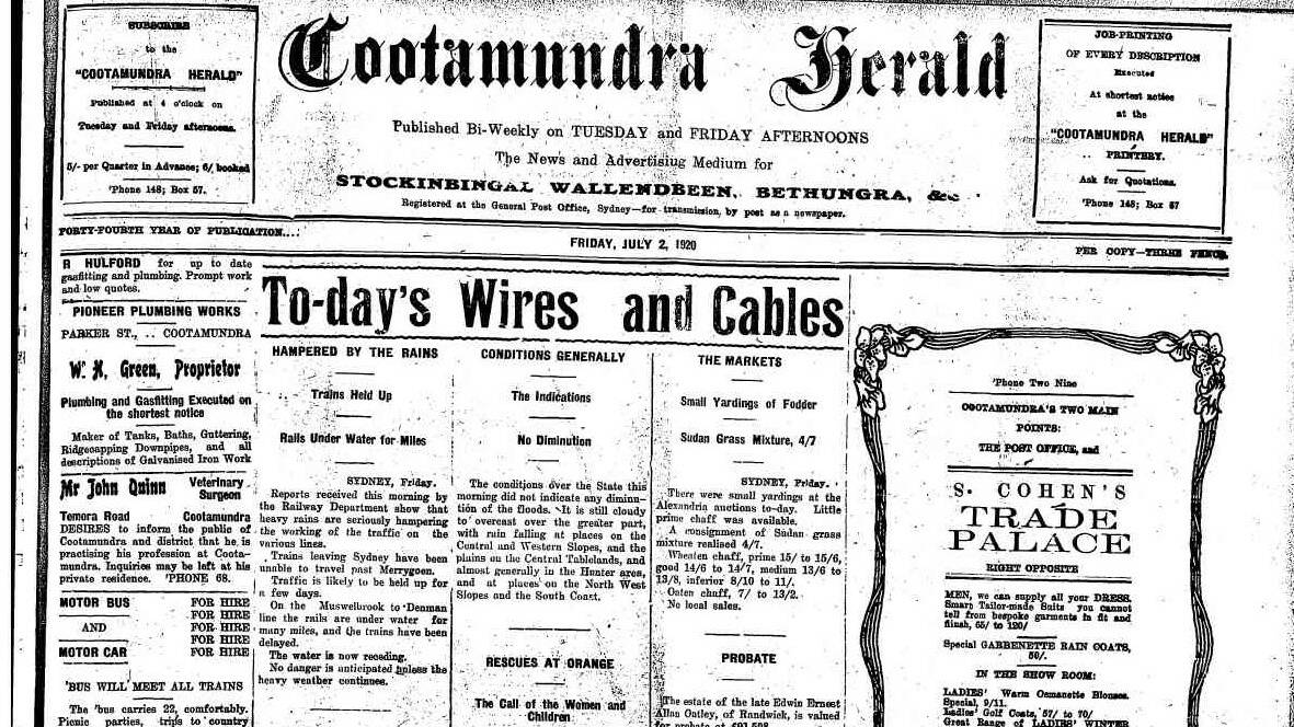 Part of the front page of the Cootamundra Herald on July 2, 1920.