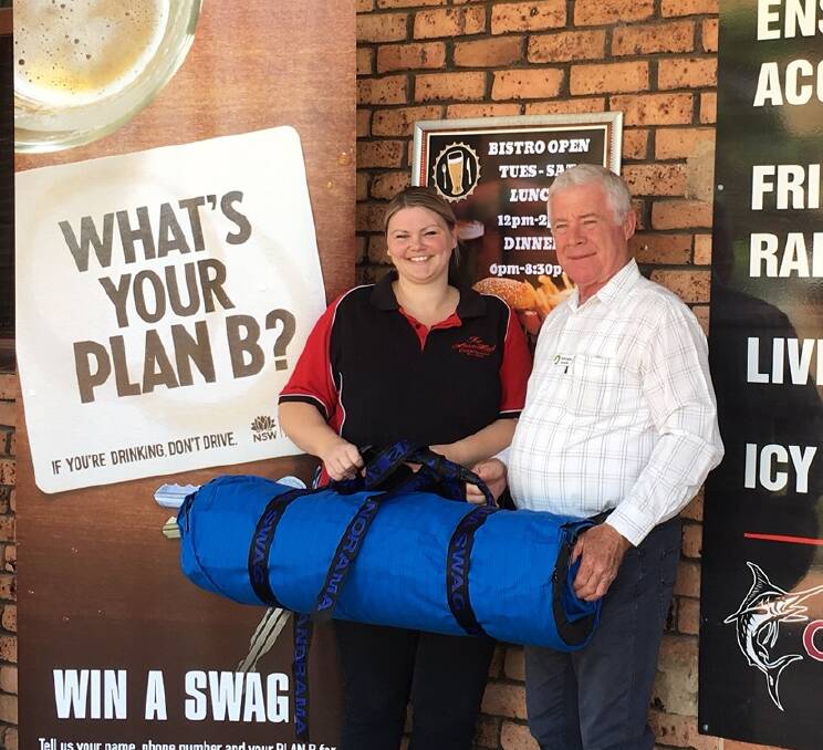 CGRC Cr Charlie Sheahan at Cootamundra's Albion Hotel with bar manager Karenlee Mitchell launching the Plan B -Win a Swag promotion. The promotion aims to reduce alcohol related crashes.