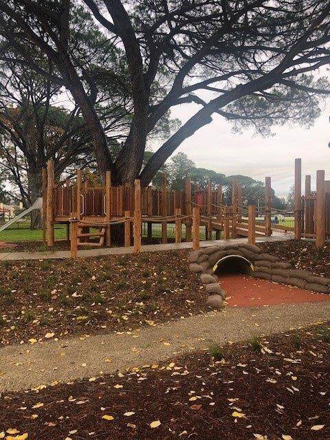 The giant tree house, that has utilised an existing tree within the park, and has ramps and transfer stations for children of all abilities to enjoy.