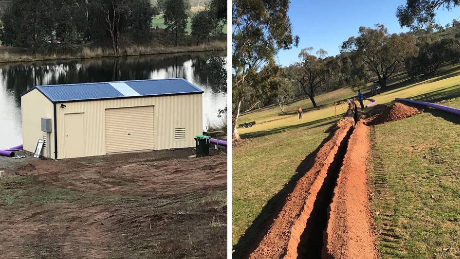 The shed (left) houses new pumping and irrigation technology and a section of trench (right) on the 14th Fairway has been excavated for new irrigation system. Pump shed at the Country Club dam has been completed. 