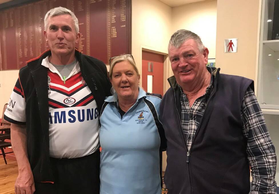 WINNERS: The annual Legacy bowls day returned at the weekend and 2018 winners were Debbie Kelleher, Froggy and John Goggin. Picture: Contributed