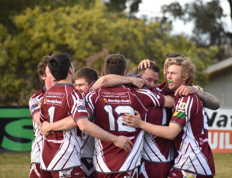 HAPPY: Harden Hawks celebrating a win over the Canberra Bears in extra time after an extremely close game earlier this month.
