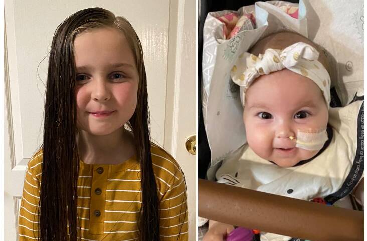 Ava Perry (left) will donate her long hair to Variety to turn into wigs for unwell children. She is fundraising prior to the big chop raising money for the family of beautiful Rosie Bucknell (right) who has been diagnosed with a terminal metabolic disorder. Pictures: My Cause