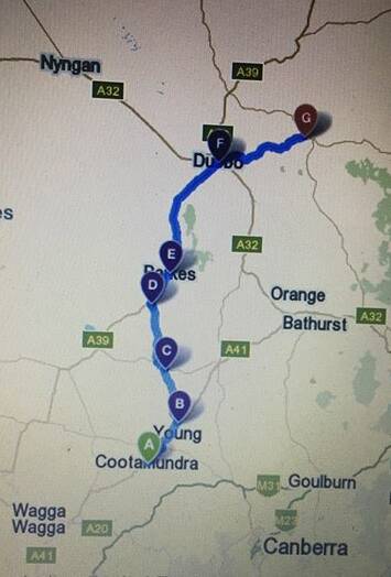 The route the trip will take. From Cootamundra's GrainCorp site the convoy will leave at 8.30am sharp travelling past Coota Producers on their way out of town. 