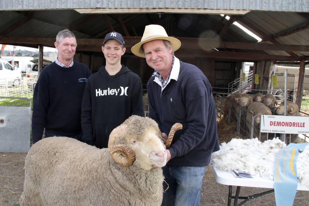 SUPREME CHAMPION: Paddy Davis with son Patrick and brother Andrew Davis of Demondrille Merino stud, Harden. Sheep judging will be done virtually this year. 