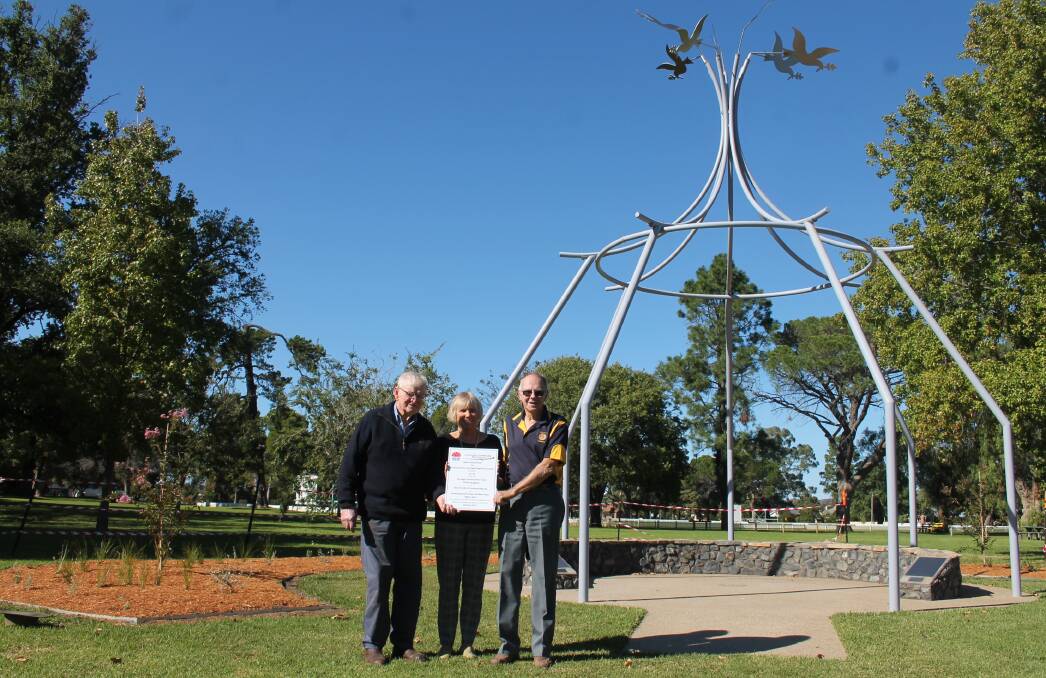 MAKEOVER: Rotarians Hugh Hamilton and Neil Wilcox with council administrator at the date of the garden makeover completion Christine Ferguson. Rotary is now focussed on a path from the main structure in the direction of the Thompson and Adams Streets intersection. Picture: Jennette Lees 