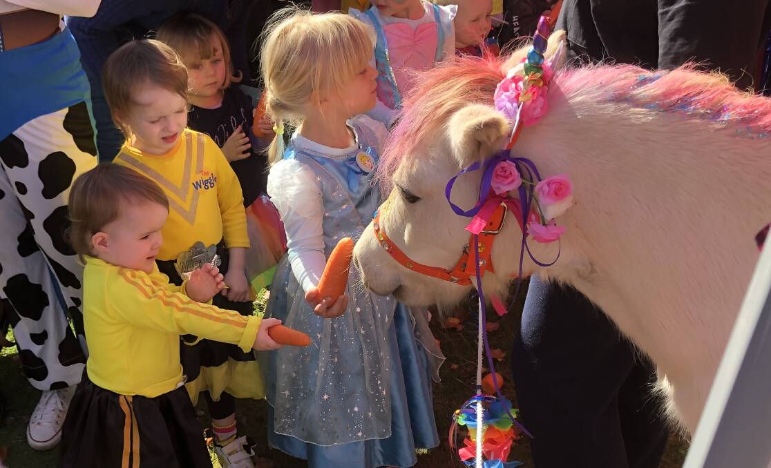 A RARE TREAT: Adelaide and Matilda Wray (both dressed as Emma Wiggle), Hannah Rains and Isabella Hutchinson as Elsa enjoyed meeting 'Sparkle' the unicorn at the Family Day on Tuesday. Picture: Tom Gosling