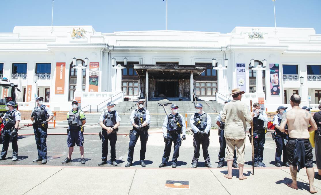 Police have been on duty against rolling protests since the doors of Old Parliament house were hit by an arson attack in December. Picture: Dion Georgopoulos