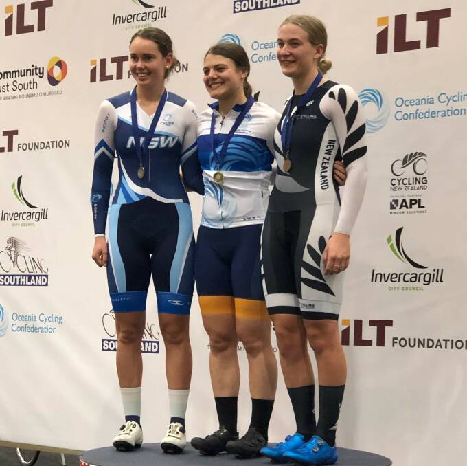 ON THE PODIUM: Alessia McCaig wins gold in the individual time trial at the Oceania Track Championships.