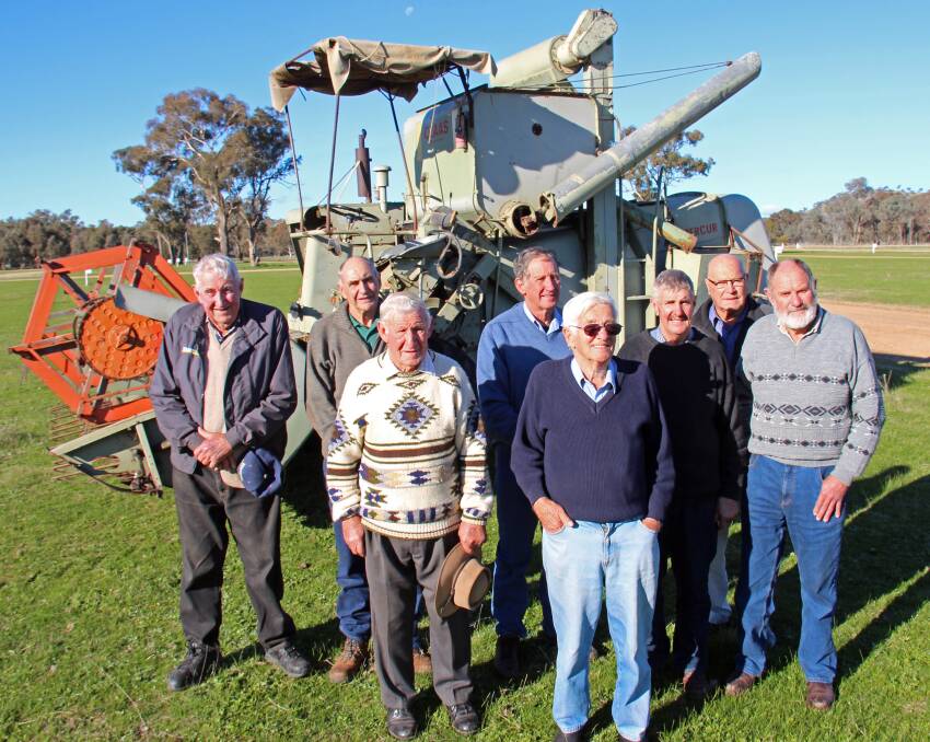 The veterans of the 1961 header school at Henty were pictured for the 50th anniversary
event in 2013, from left, Laurie Sone, Barry Scholz, the late Colin Wood, Kerry Pietsch,
Len Schilg, front row, Neville Male, Milton Taylor and Max Hogg. Photo: Kim Woods