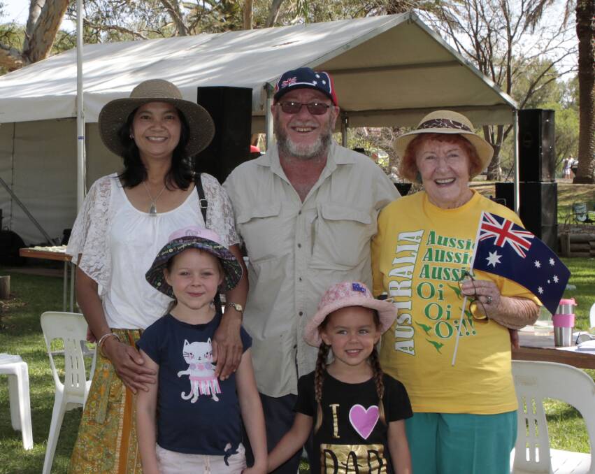Peter McDermott and Wow Rungthip with Peter's grandchildren Grace and Rosalie and the children's great grandmother Evelyn.