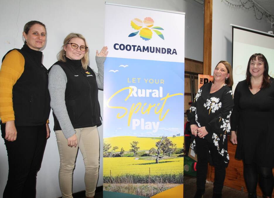 Unveiled: Miriam Crane and Jeana Bell (left) with Leah Sutherland and Nina Piotrowicz, showing the launch a banner displaying the new Cootamundra logo and tag.
