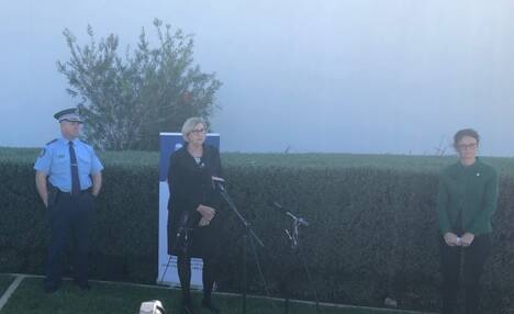 Together apart: At Thursday's press briefing at Wagga, emergency controller superintendent Bob Noble, MLHD head Jill Ludford and Cootamundra MP Steph Cooke. 