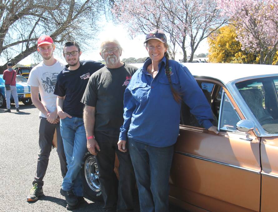 Legal speed: Christine Elphick, who works at Hallmark Cherries at Wombat, with her crew, Jeff Francis, Josh Fuller and (left) son Tomas Francis. The XY Falcon had its back seat removed to lose weight "just for that extra split second".