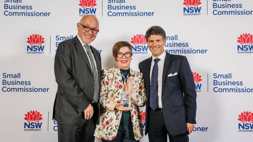 Cr Leigh Bowden with the minister for finance and small business, Damien Tudehope, and the minister for customer service, Victor Dominello.