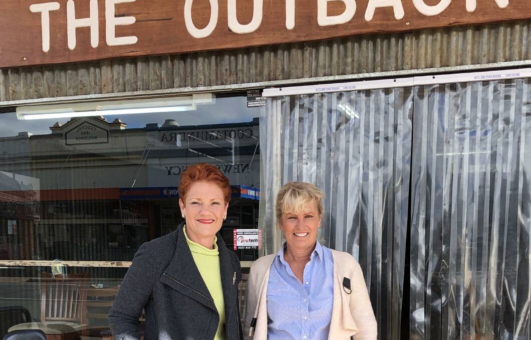 Pauline Hanson and NSW One Nation Senate candidate Kate McCulloch, photographed by the Herald's Jennette Lees on Saturday outside the Outback Cafe. The pair were on their way from Wagga to visit other country centres, and spent an hour and a half here including a visit to a dog show.