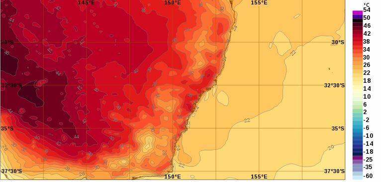 A State-wide heat wave is on the way. This BOM map of south east NSW is for 5pm Saturday afternoon. 