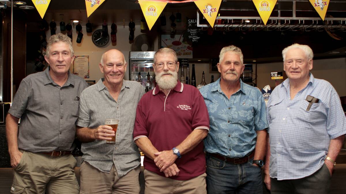 OLD BLOKES REUNION: Enjoying catch-up time back in Coota Jim O'Connor (Newcastle), Bob Harris (Grafton), Youngen Kennedy (Wagga), Gary Williams, Bevan Cootes (Grafton).