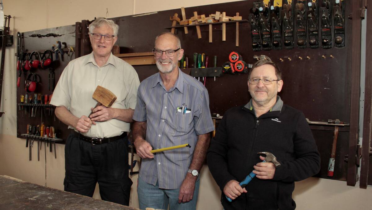 In the woodwork room - John Jason-Jones of Queanbeyan, Alan Stevens of Canberra and Terry Twidale of Canberra.
