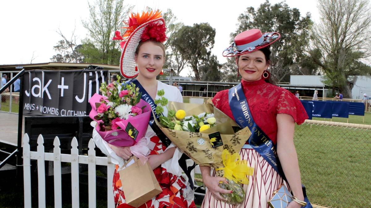  Best Millinery - runner-up Fran Chmiel of Canberra and winner Kerby Siemsen of Wagga.