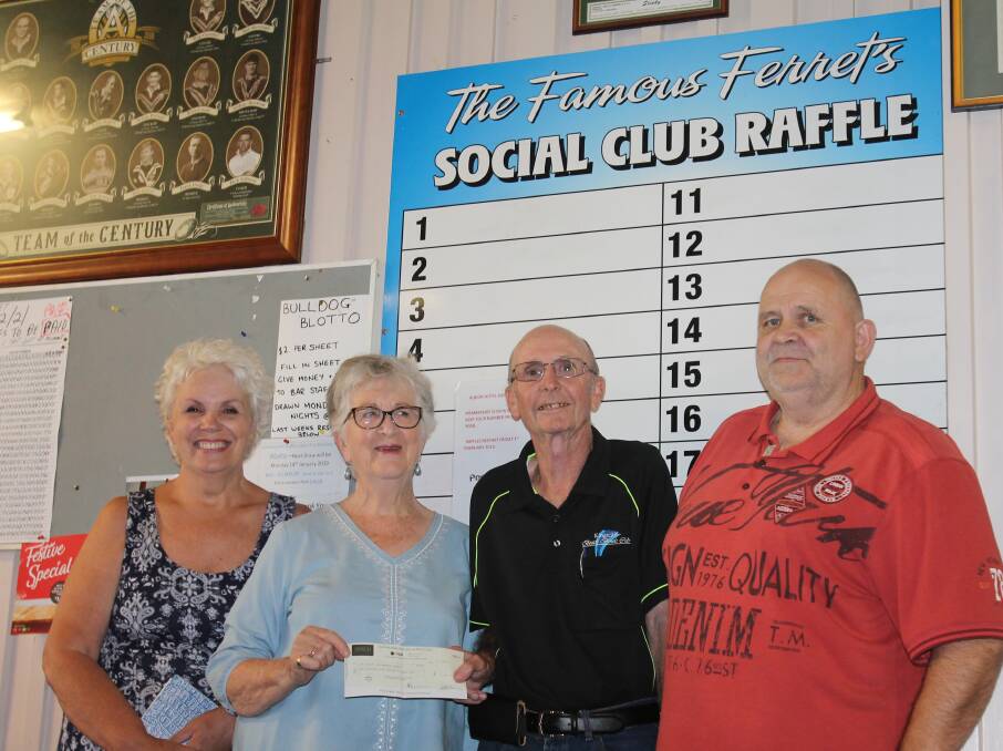 Bev Withers receives the $1500 cheque from Rodney Ball. Also at the Albion Social Club corner were  Can Assist Treasurer, Colleen Fenn,and publican Allan Mitchell.