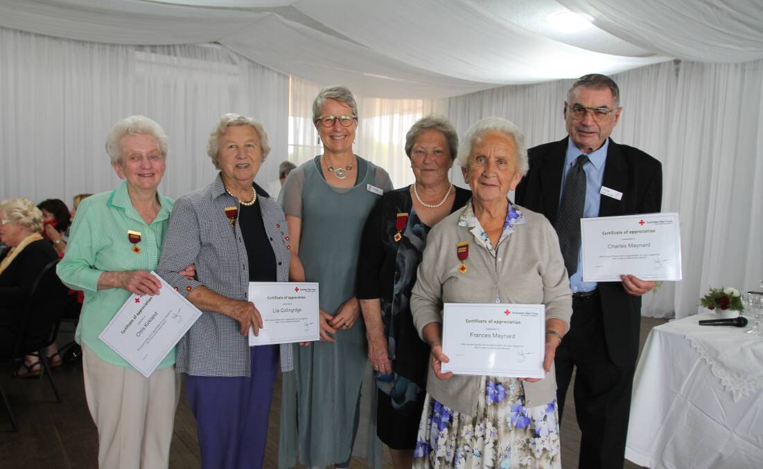 Presented with certificates by Australian Red Cross CEO Judy Slatyer (centre) were Chris Kirkland, Lila Collingridge, Helen Eccleston and Frances and Charles Maynard.