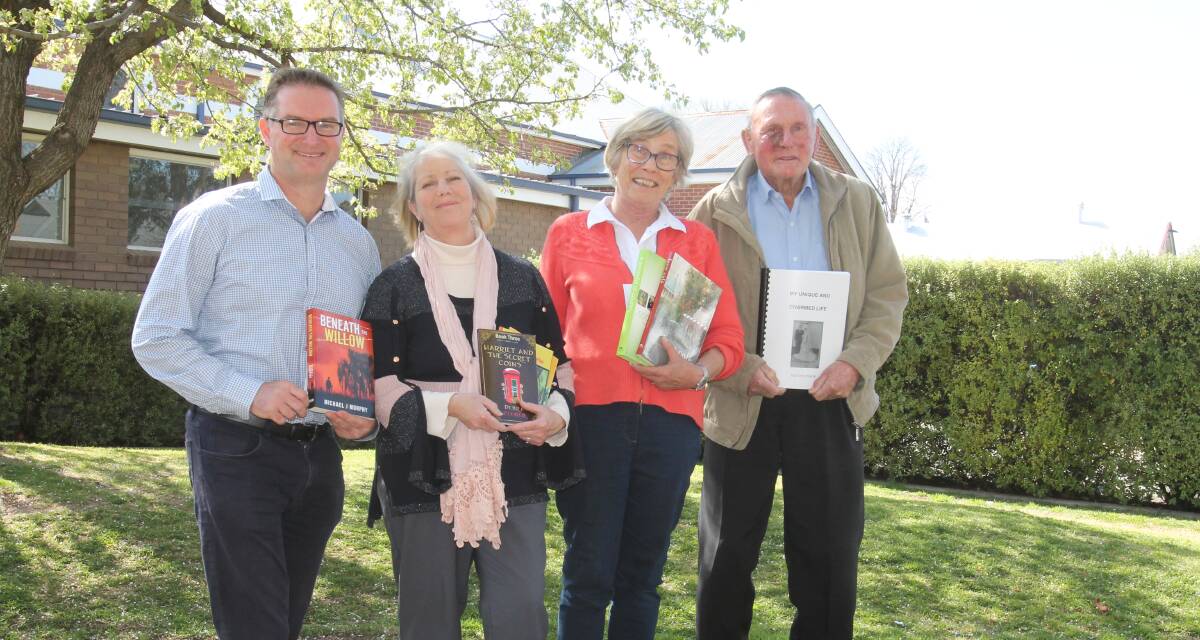 Pictured in the gardens at Cootamundra Library, authors Michael Murphy, Debra Clewer, Cathie Bragg and Ted O'Connor.