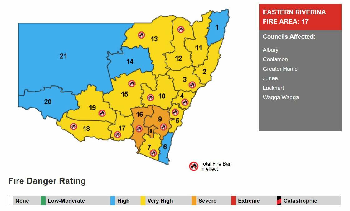 The RFS map of fire danger conditions and Total Fire Bans for January 18