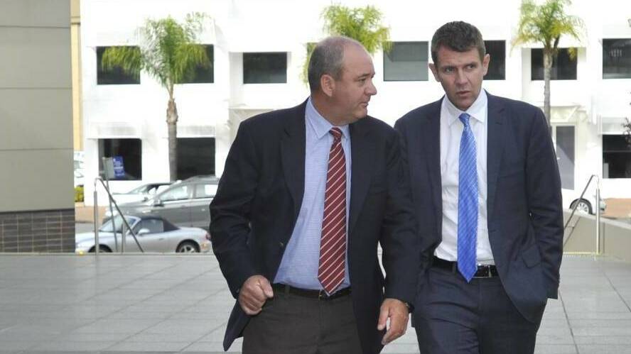 Then Wagga MP Daryl Maguire with then NSW Premier Mike Baird outside council chambers in 2015