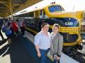 Brooke McCormack, whose grandfather used to drive the Southern Aurora, and Liz Black, both from Wagga, at Albury Railway Station on Sunday with the train's 60th anniversary tour on its way to Melbourne. Picture: Mark Jesser