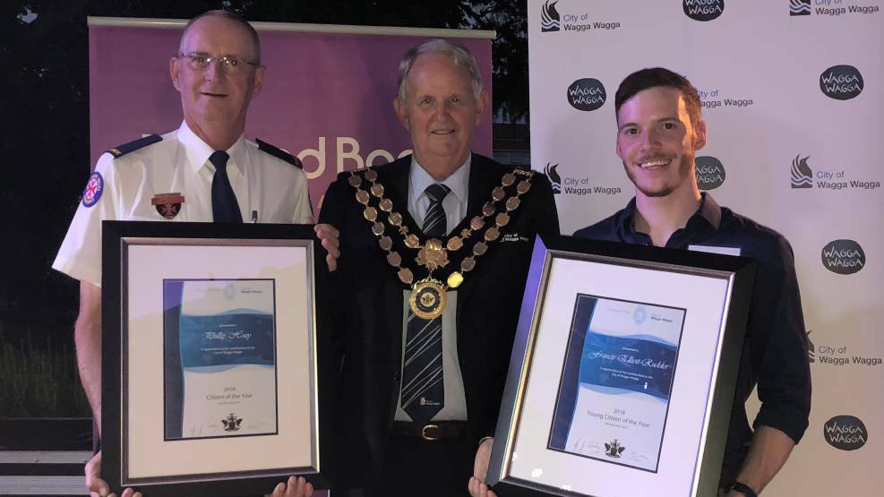 Citizen of the Year Phil Hoey, Wagga mayor Greg Conkey and Young Citizen of the Year Francis Elliott-Rudder in January 2018.