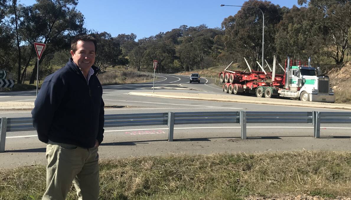 LEADER: Then NSW Regional Transport and Roads Minister Paul Toole at the Batlow Road and Snowy Mountains Highway intersection in 2020.